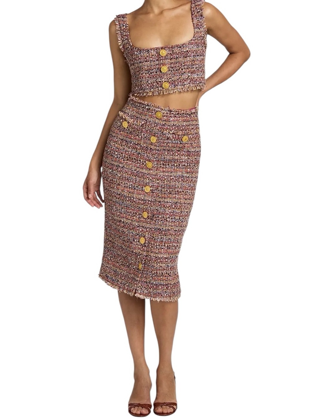 L’AGENCE Tai Tweed Midi Skirt in Mauve Tan Multi Tweed Size 6